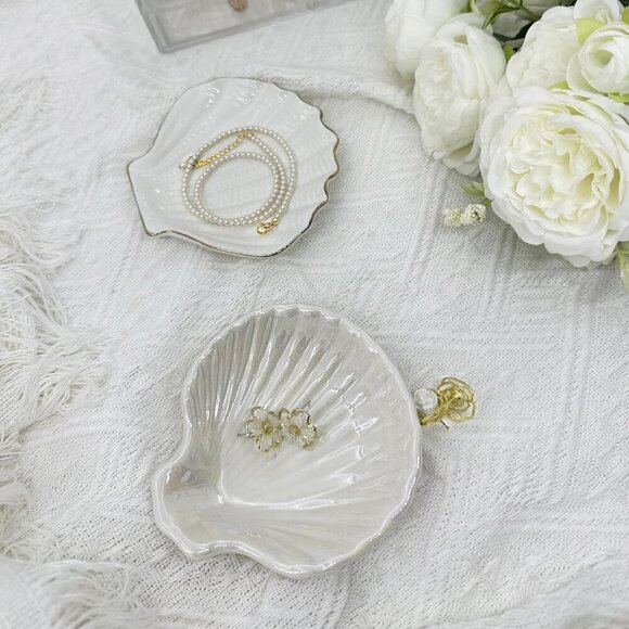 Ceramic Shell Jewelry Dish Organizer Ring Tray for Earrings Necklaces Keys - Picture 7 of 7